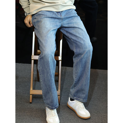 简素Design美式水洗复古蓝休闲牛仔裤男做旧宽松直筒长裤子潮春秋
