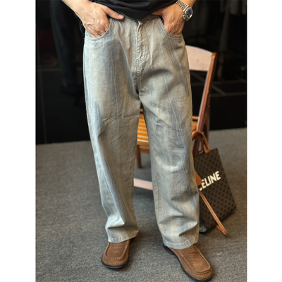 水洗纯棉印花宽松直筒牛仔裤子男