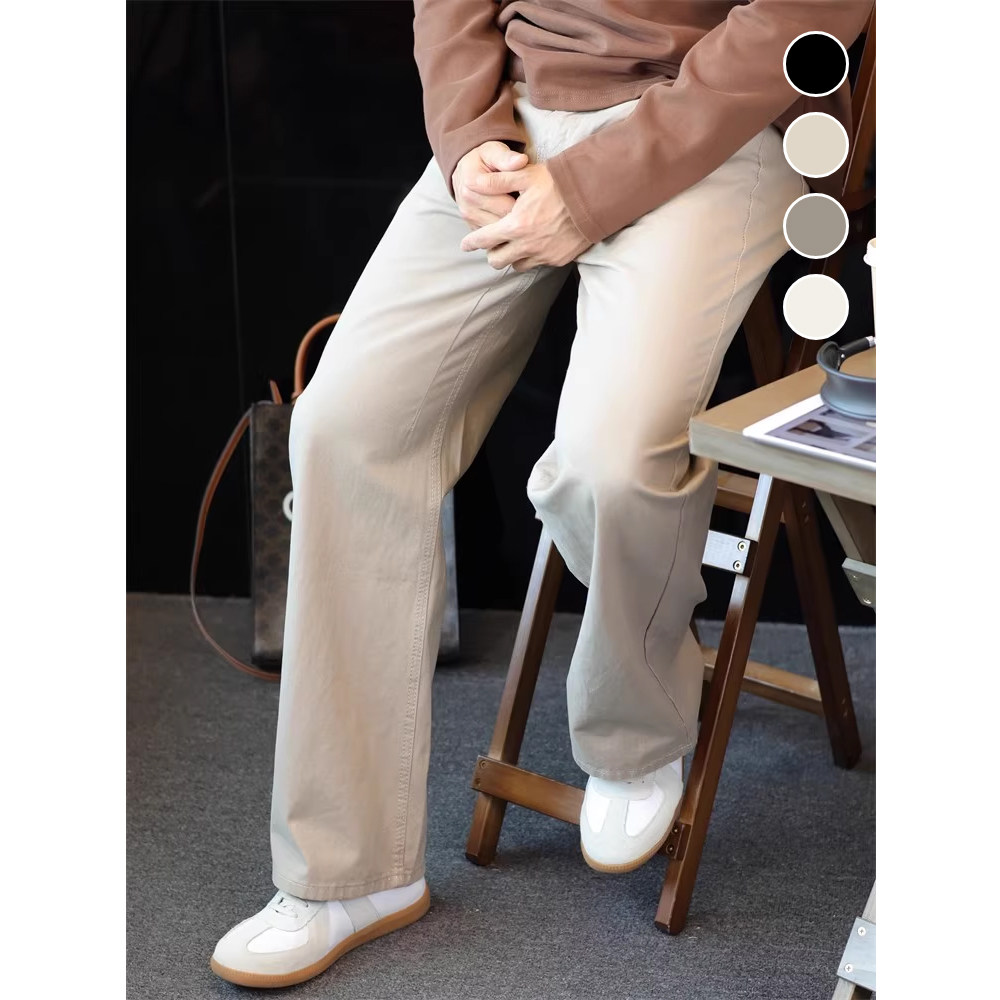 简素Design日系纯棉宽松阔腿纯色休闲裤男复古通勤直筒长裤子春秋