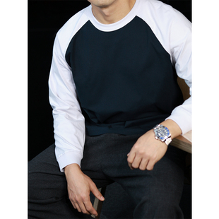 简素Design纯棉撞色插肩T恤男复古宽松长袖 休闲内搭上衣冬 打底衫