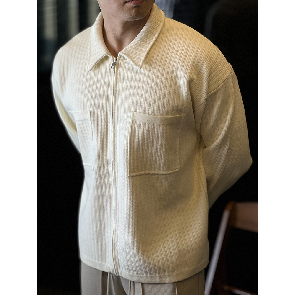 绵羊毛双口袋肌理针织宽松短外套