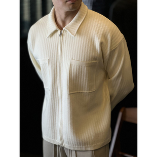 毛衣上衣秋冬 宽松男士 简素Design绵羊毛拉链肌理针织短款 外套开衫