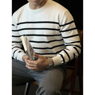 简素Design复古老钱风条纹针织衫 T恤男休闲打底毛衣秋冬 弹力长袖