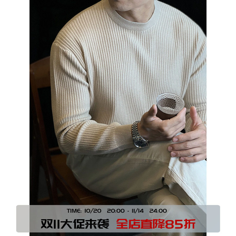 日系竖条纹宽松针织衫弹力透气男
