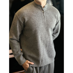 男T恤打底毛衣宽松上衣秋冬 长袖 简素Design美式 复古亨利领针织衫