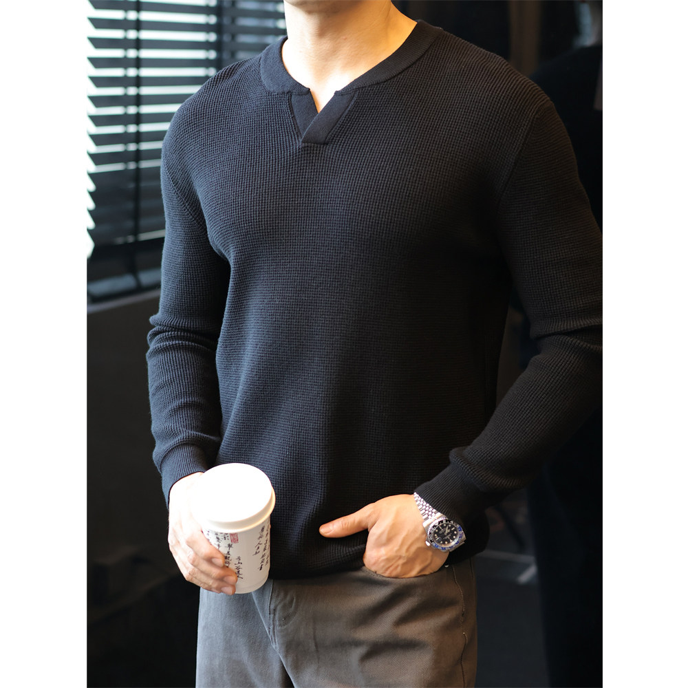 简素Design肌理菠萝纹复古V领针织衫男美式宽松薄长袖polo上衣秋