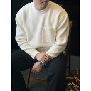 简素Design侧口袋圆领针织加厚毛衣男宽松纯色内搭打底衫 上衣秋冬