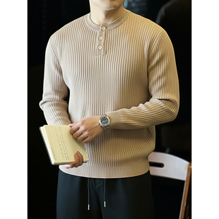 简素Design坑条纹肌理毛衣针织衫 休闲通勤上衣冬 男亨利领打底毛衫