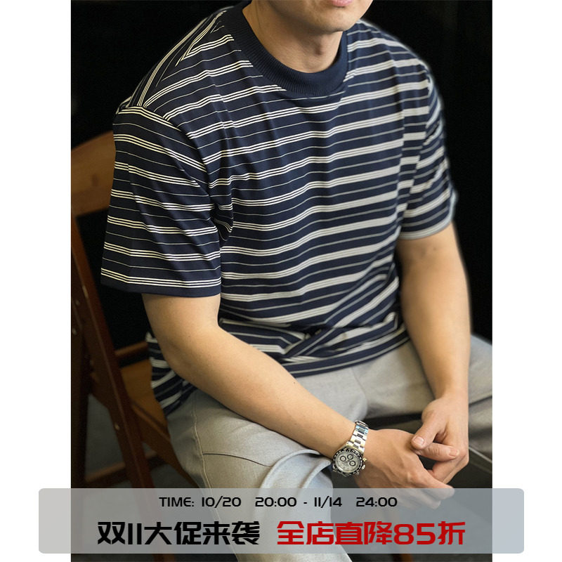 日系亲肤复古条纹宽松短袖T恤男