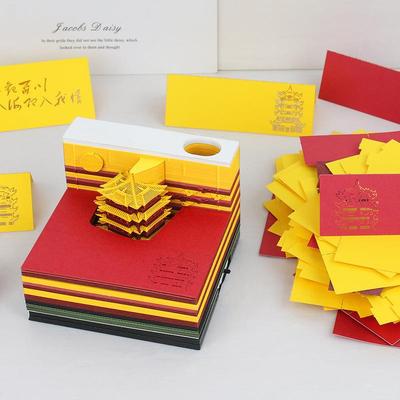 3d立体便签本可撕便签纸便签贴黄鹤楼风景建筑纸雕便签本带灯摆件