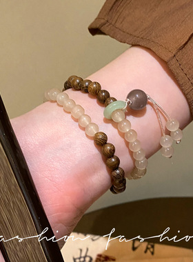 新中式木纹撞色串珠手链时尚复古仿玉石平安扣双层气质手串手饰品