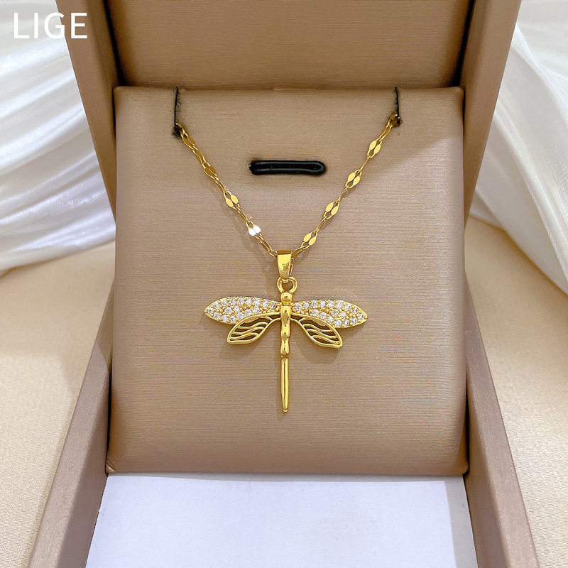 【钛钢】轻奢个性缕空蜻蜓镶真金项链女转运ins网红锁骨链配饰品