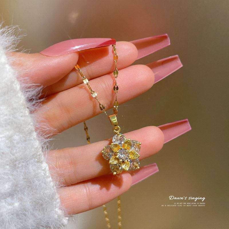 【钛钢】微镶铜镀真金雪花锆石吊坠项链女网红百搭锁骨链钛钢链条