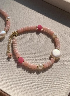 巴洛克纽扣方块淡水珍珠粉色蔷薇石手链女气质网红多巴胺串珠手串