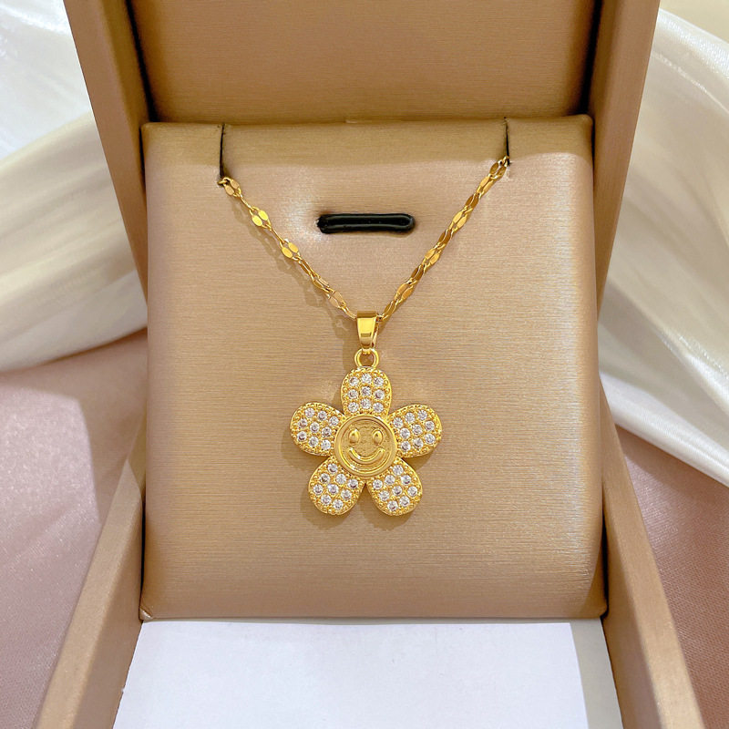 【钛钢】轻奢花朵笑脸微镶真金项链女转运珠ins网红锁骨链配饰品