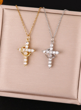 可旋转皇冠满钻十字架项链女轻奢小众百搭钛钢锁骨链跨境爆款饰品