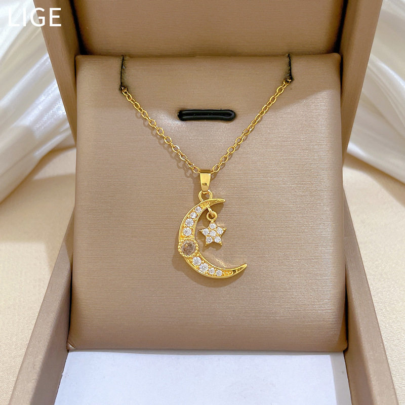 【钛钢】 星星月亮锆石轻奢气质华丽满钻项链女百搭锁骨链钛钢链