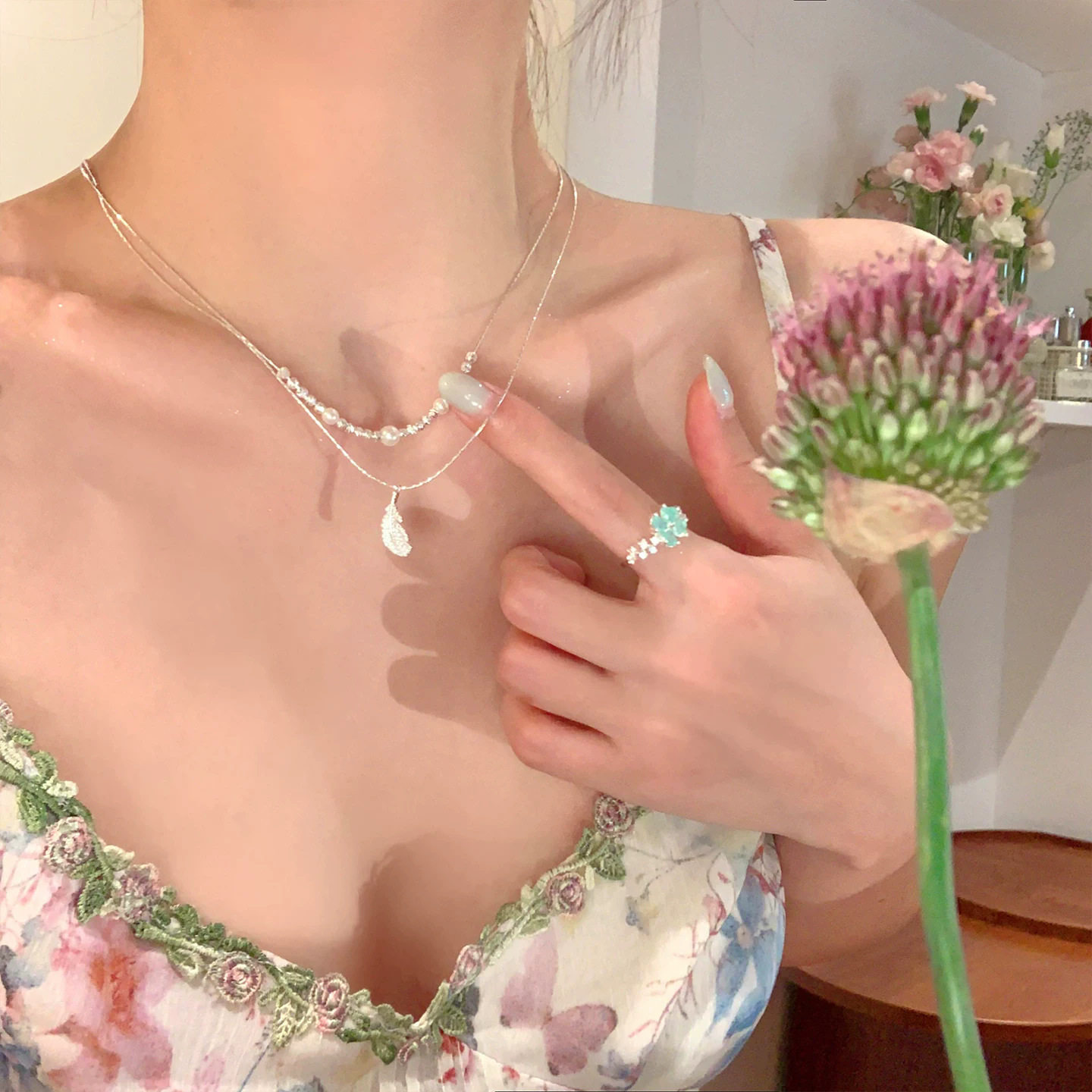 闪锆羽毛珍珠叠戴吊坠项链女2026新款爆款锁骨链巨好看颈链配饰品