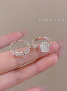 猫眼石素圈戒指女冷淡风小众设计不规则开口指环戒时尚个性食指戒