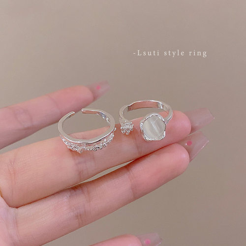 猫眼石素圈戒指女冷淡风小众设计不规则开口指环戒时尚个性食指戒