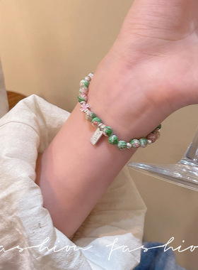 仿寿山石串珠手串手链女2025年新款小众设计银色字母吊牌手串配饰