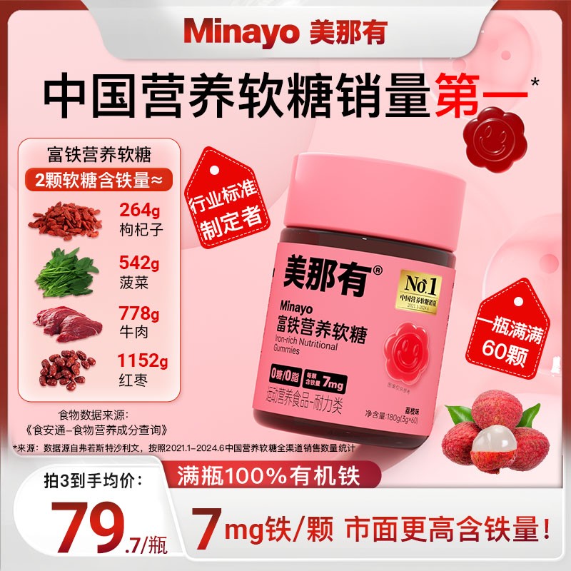 Minayo美那有高阶元气铁7mg富铁软糖有机铁元素女性孕妇0糖0脂dsp