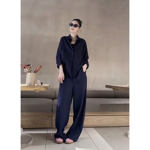 两件套 极简风时尚 通勤套装 女气质高级感藏蓝色宽松衬衫 休闲阔腿裤