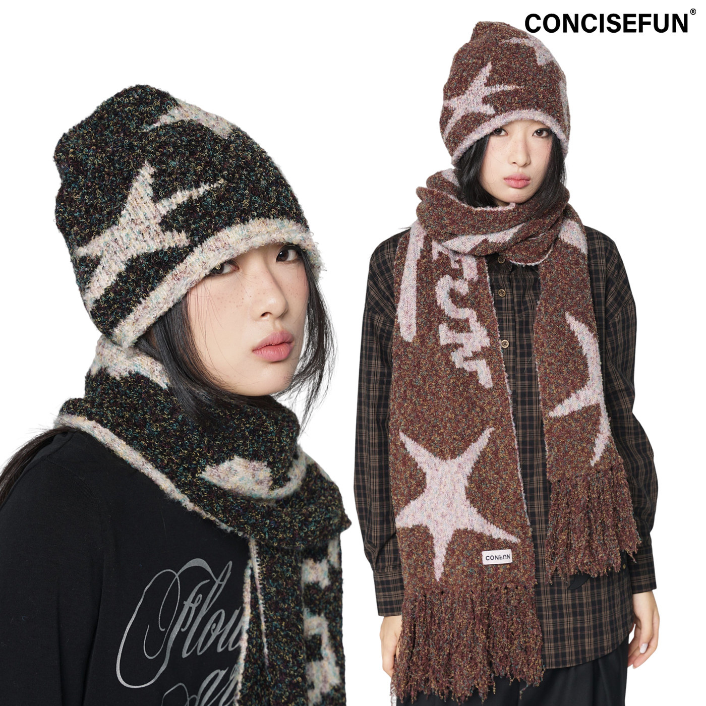 CONFUN 彩色圈圈纱针织围巾冷帽两件套
