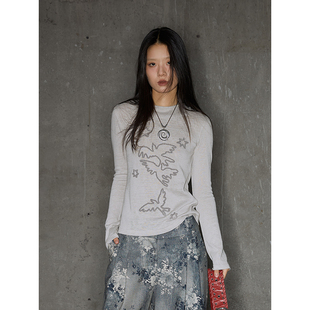 原创飞鸟刺上衣T恤灰色绣连帽针织打底衫 CONFUN 24AW