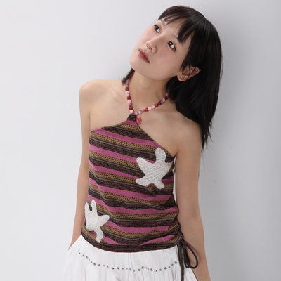 CONFUN 25SS原创贴布肌理感条纹串珠挂脖吊带