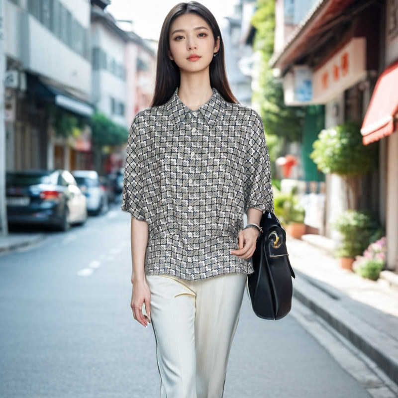 福芬女衬衣修身透气别致设计感短袖衬衫上衣夏季CY-19118