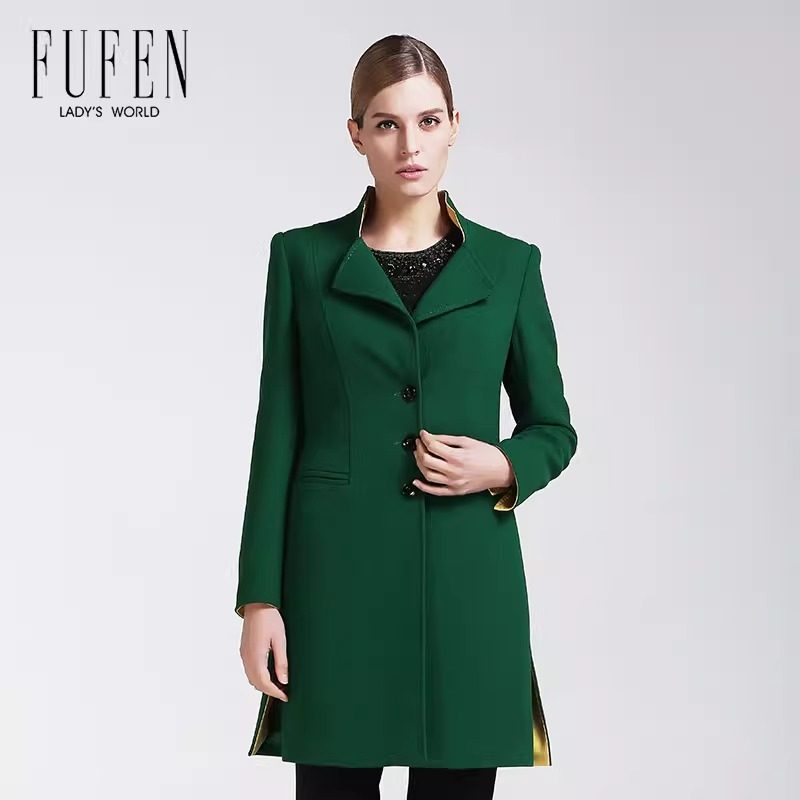 福芬秋冬新款纯色修身大衣女通勤显瘦中长款外套D-7902