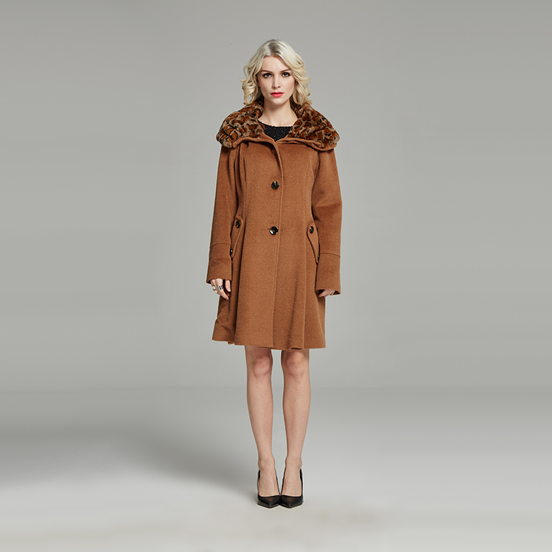 福芬秋冬羊毛大衣加厚毛领外套女士宽松休闲风衣D-3888