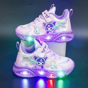 库洛米女童鞋子发光儿童运动鞋2025新款秋冬季皮面中小童女孩带灯