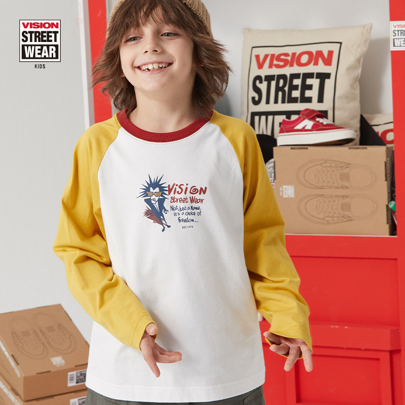 VISION童装 美式复古撞色宽松插肩图案圆领长袖T恤男女儿童春季