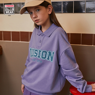 VISION KIDS 童装男女儿童秋冬美式复古街头运动风宽松POLO领卫衣
