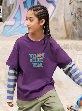 VISION童装 美式复古宽松趣味印花假两件长袖T恤男女儿童25秋新款