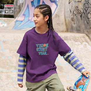 T恤男女儿童25秋新款 复古宽松趣味印花假两件长袖 美式 VISION童装