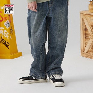 VISION KIDS 童装男女儿童同款秋冬美式复古宽松水洗做旧牛仔长裤