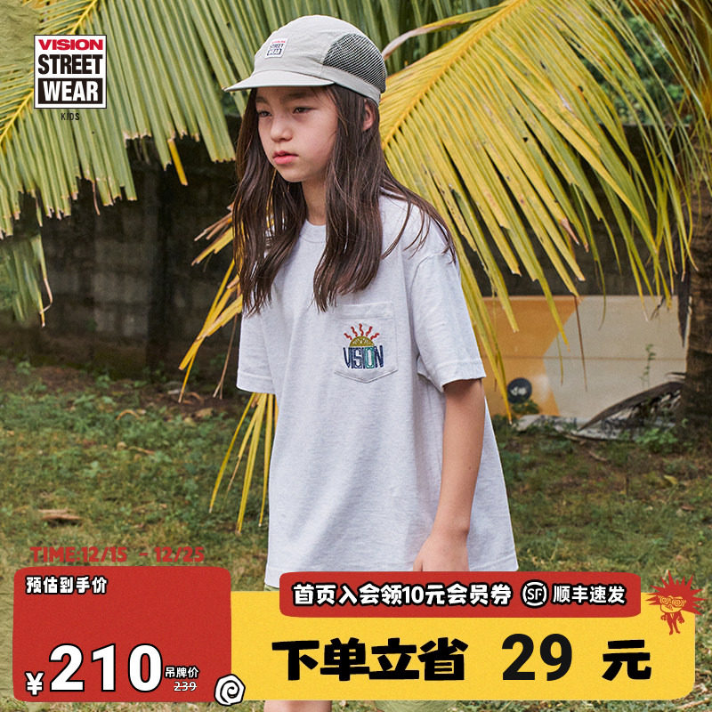 VISION童装 复刻历史图案落肩宽松口袋T恤美式花纱短袖男女同款