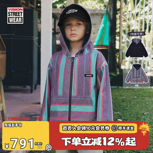VISION童装 复古色织条纹双面穿连帽牛仔外套男女儿童26春新 美式