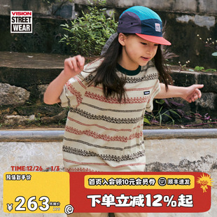 T恤微落肩短袖 复古撞色定织条纹宽松圆领短袖 男女 美式 VISION童装