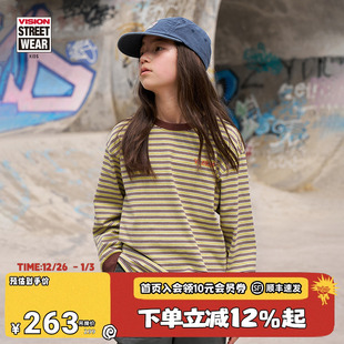 新款 VISION童装 T恤男女儿童25秋季 复古宽松落肩撞色条纹长袖 美式
