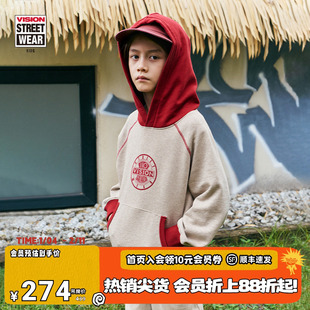 VISION KIDS 美式复古宽松插肩袖连帽拼色卫衣男女童装25春新款