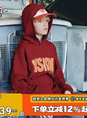VISION童装 美式复古新年红色连帽套头卫衣男女儿童26春季新款