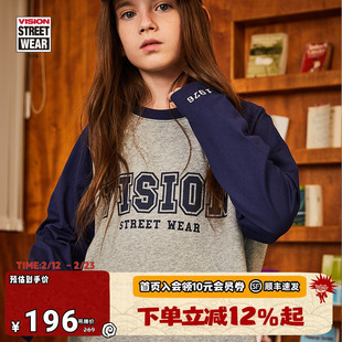 VISION KIDS 童装男女儿童秋冬美式复古街头插肩袖宽松长袖T恤