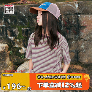 VISION童装 美式复古撞色条纹微落肩宽松刺绣logo短袖T恤男女同款