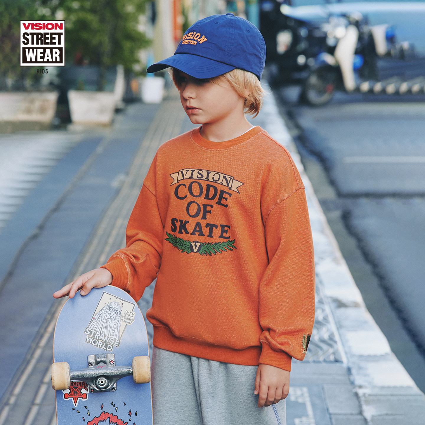 VISION童装 美式复古印花宽松落肩棉质圆领卫衣男女儿童26春新款