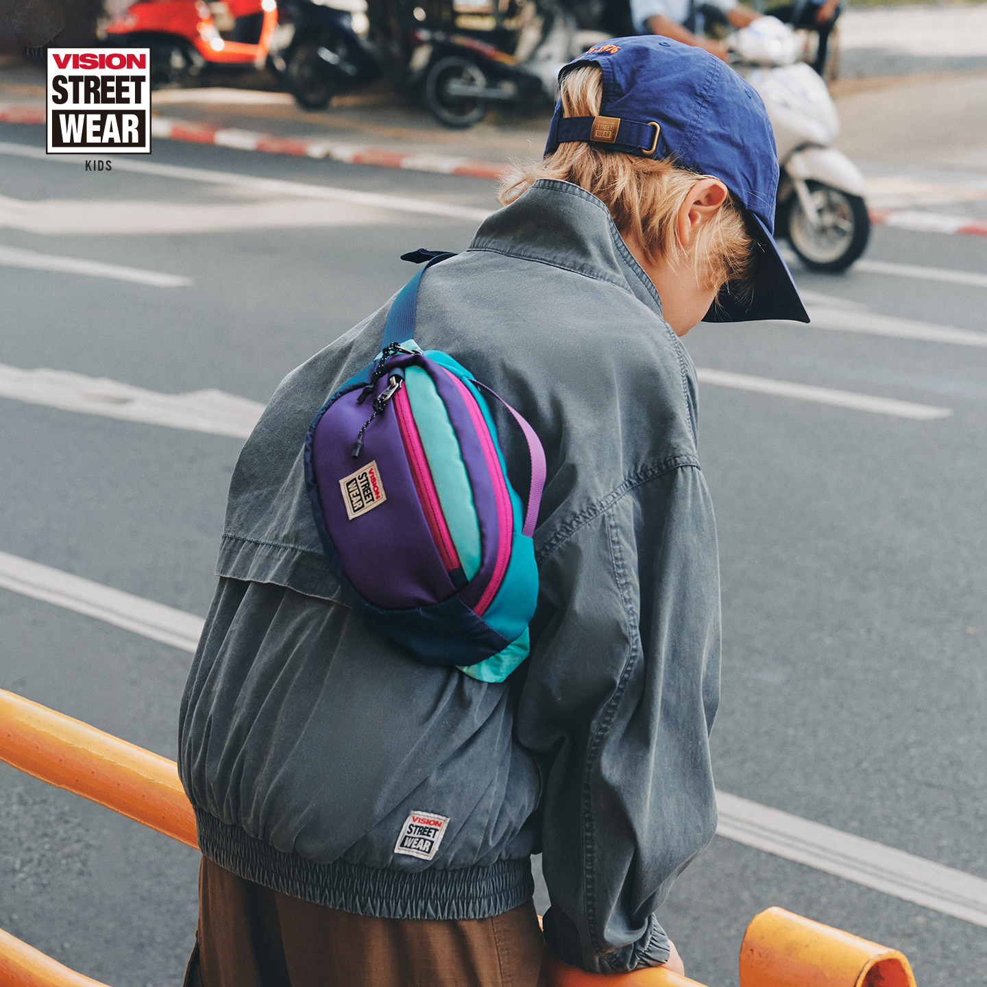 VISION童装 美式复古撞色斜跨包腰包单肩包男女儿童26春季新款