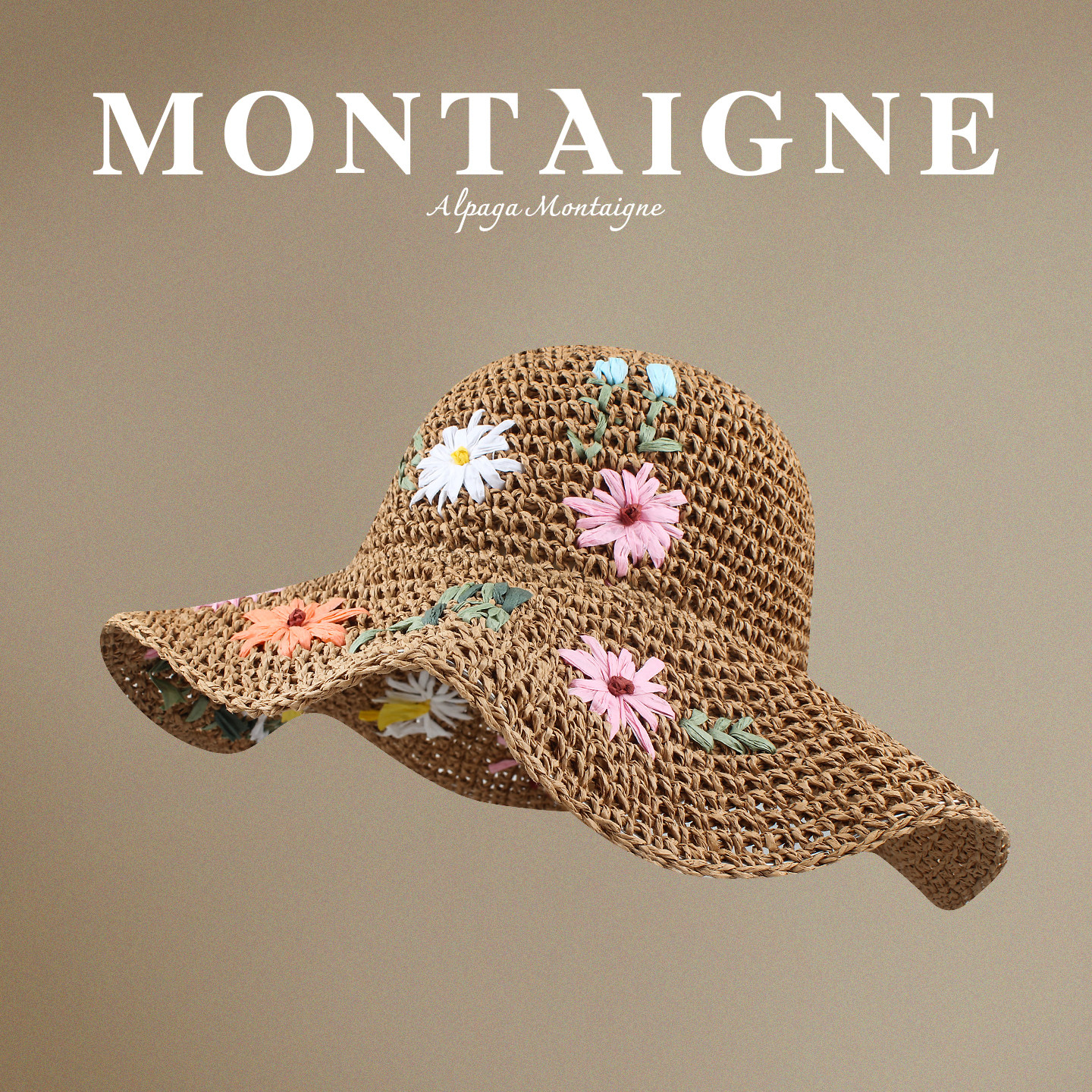 法国Alpaga Montaigne/沙滩遮阳帽大帽檐草编花朵防晒手工渔夫帽